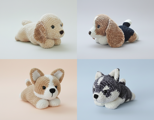 Four different crochet dog toys on a light gray background