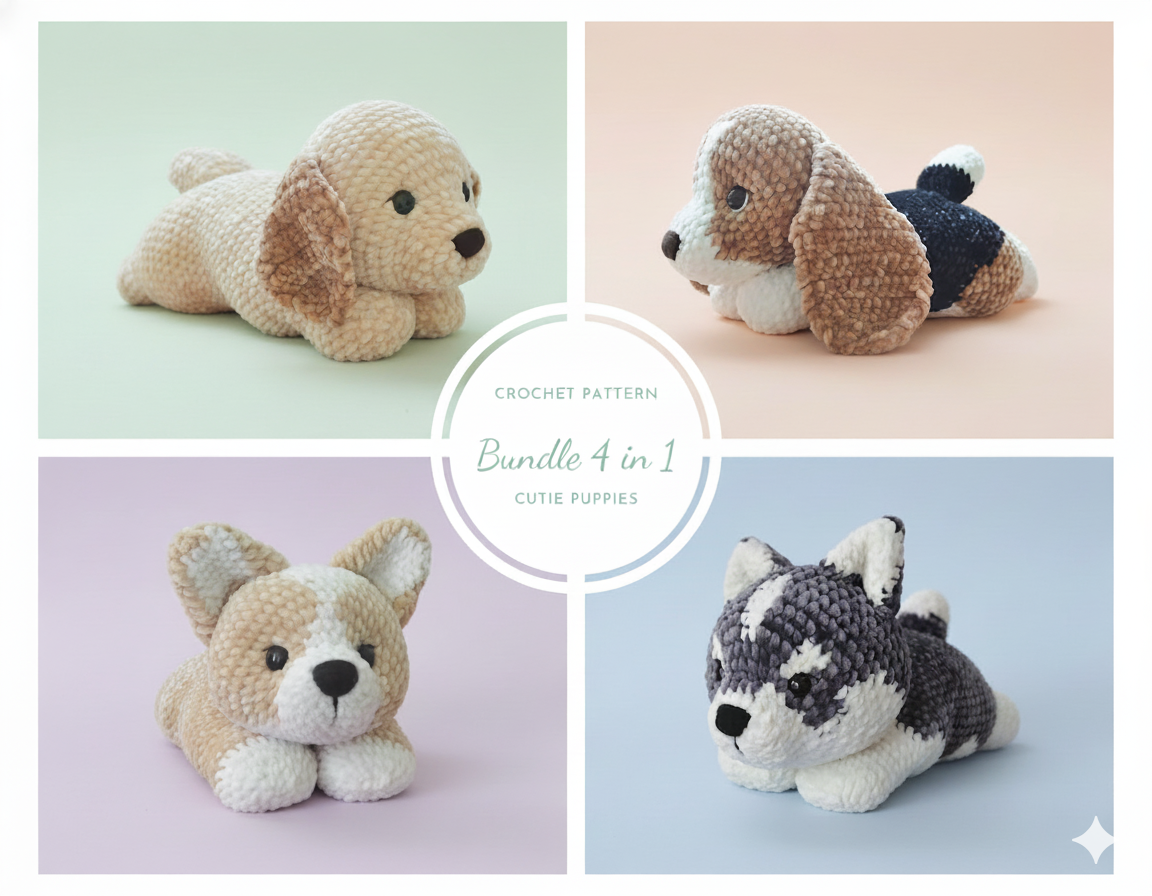 Crochet Dog Pattern Bundle PDF – Corgi, Husky, Retriever & Beagle Puppies